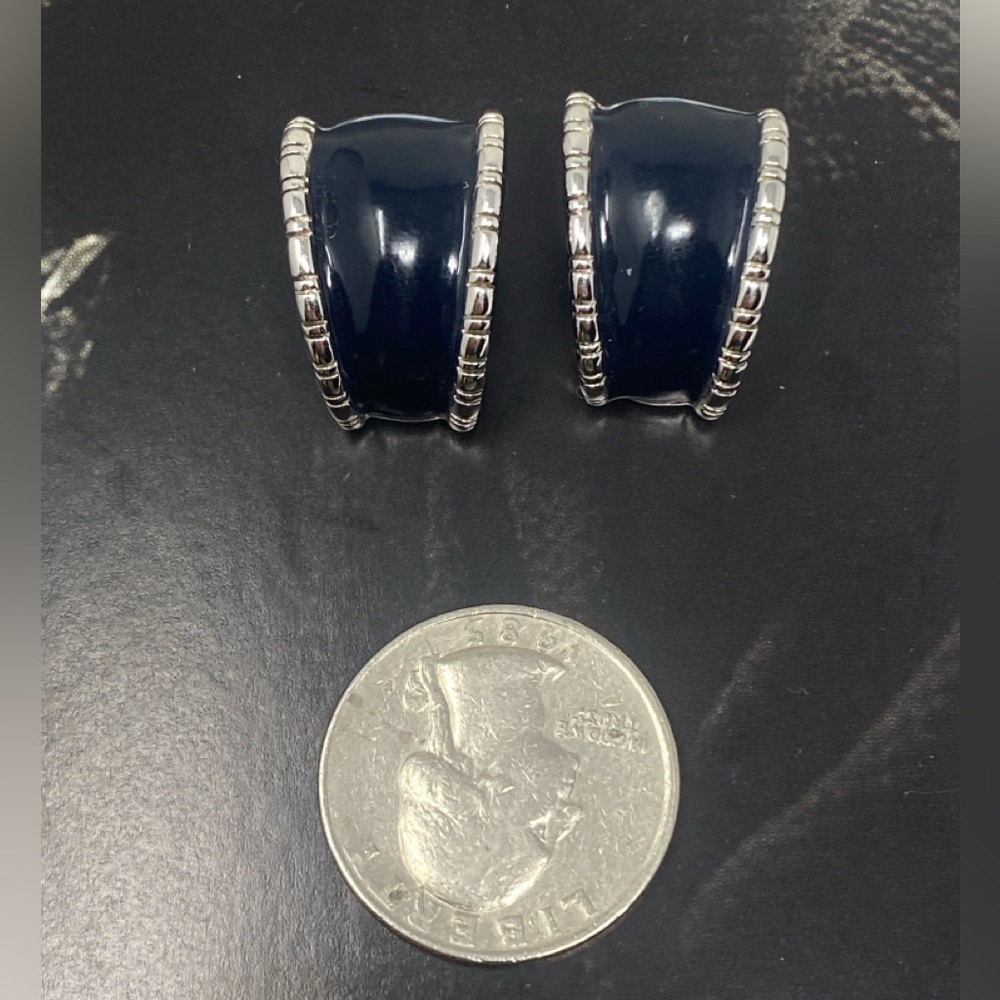 St. John Vintage Black Half Hoop Silver  Clip On Earrings - Picture 3 of 15